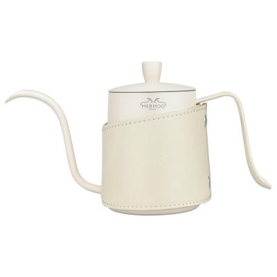 China WITH LID Custom Wholesale Pour Over Coffee Kettle Gooseneck Kettle 350ML White Long Spout Kettle Tea Pot with Leather Cover for sale