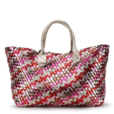 China Custom Logo Rainbow Bling Color Fashion Hand Made Factory Handbag Tote Bags Woven Shoulder Bags Fashion Women Large Capacity Handbag for sale