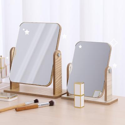 China Monocular Table Mirror Free Standing Cosmetic Wooden Desktop Square Shaped Makeup Mirror With Stand for sale