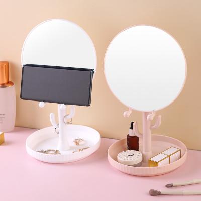 China Fashion New Design Monocular Mirror Makeup Organizer Stand Circular Makeup Table Mirror With Mobile Phone Holder for sale