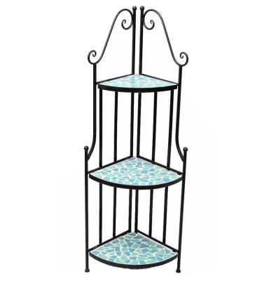 China Modern Blue Mosaic With Iron Plant Stand 3 Tier Folding Plant Stand Pot Holder For Outdoor And Indoor for sale