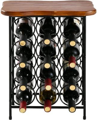 China Sustainable Indoor 12 Bottle Wine Rack With Solid Wood Table Top , Free Standing Metal Wine Storage Rack for sale