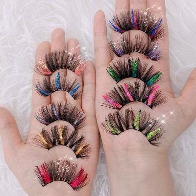 China Super Fluffy Soft Mink Lashes Daily Wholesale Custom Party Glitter Color Lashes With Color 25mm Mink Lashes Vegan Pink Blue Green Glitter Colored Lashes for sale