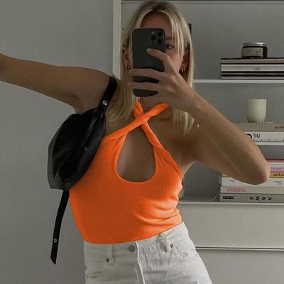 China Sexy Green Halter Tank Top Women Camis Hollow Backless Sleeveless Backless Crop Ladies Streetwear Summer Crop Tops Female for sale