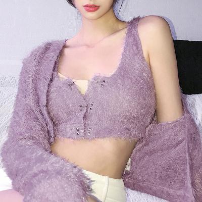 China New Hot Sales Waterproof Autumn Plush Button Cardigan Two Piece Set Sexy Women Long Sleeve Crop Vest Suit Fitness Top Jackets Wholesale for sale