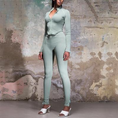 China Women Sports Skinny Two Piece Sexy Long Sleeve Zipper Stand Collar Set Breathable High Waist Pants Fitness Female Casual Suits Sets for sale