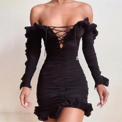 China Double Layers Sheer Breathable Mesh Bodycon Summer Dress Women Black Ruffles Sheath Long Dress Dress for sale