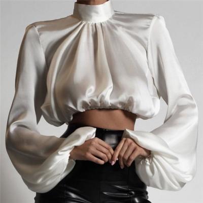 China New Full Layer Sheer Spring Long Lantern Sleeve Blouse For Women Vintage Satin Ladies Sexy Backless Crop Top Tops Party Wear for sale