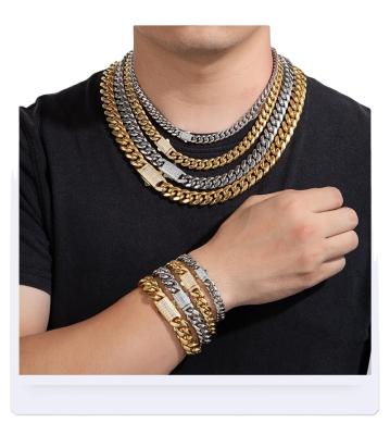 China Beiyan TRENDY Jewelry CNC Setting Iced Out Diamond Polish High Quality Men Gold Color Plated Stainless Steel Cuban Necklace Chain Set for sale