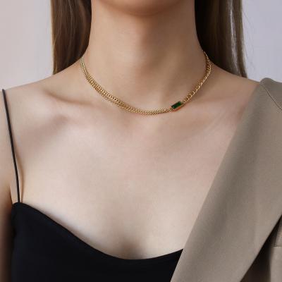 China FASHIONABLE European Green Square Double 24K Stainless Steel Necklace Bracelet Clavicle Chain Cubic Zirconia Necklace Set/Zircon Jewelry for sale