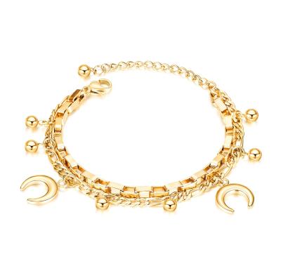 China CLASSIC Trendy 18K Women's Jewelry Stainless Steel Moon Charm Gold Plated Delicate Adjustable Chain Bracelet For Women for sale