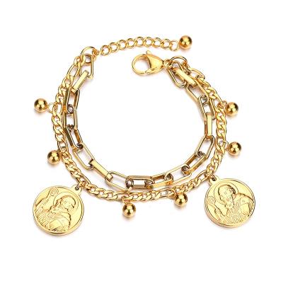 China CLASSIC Double Layer Cross Gold Charm Bracelet Boy Girl Tree Thin Stainless Steel Long Chain Bracelets for sale