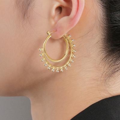 China FASHIONABLE Custom Design Fashion Stainless Steel Large Circle 14K Gold Double Line CZ Diamond Earrings for sale