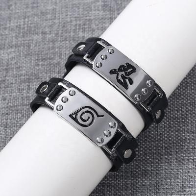 China TRENDY Anime Narutoed Bracelet Stainless Steel Anime Leather Wristband For Men's Konoha Village Cosplay Logo Adjustable Wristband for sale