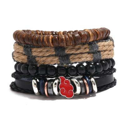 China Anime Men's Red Cloud Bracelet Multilayer Anime Naruto Akatsuki Bracelet Wooden Beads Punk Leather Bracelet For Men for sale