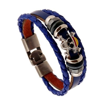 China Skull New Punk Jewelry Anime Luffy Blue Leather Bracelet Wholesale Leather One Piece Bangle Bracelet for sale