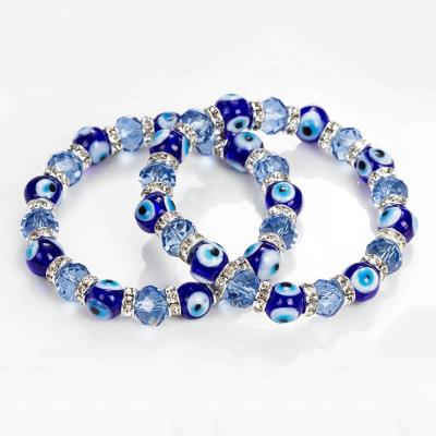 China European and American female CLASSIC devil's eye crystal bracelet simple blue crystal beaded blue eye bracelet elastic crystal couples for sale