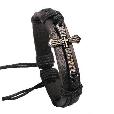 China Religion Punk Cross Bible Bracelets Genuine Leather Weaving Chain Beads Jewelry Bracelet For Men for sale