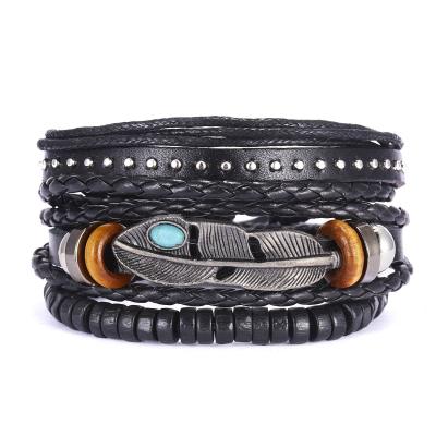 China FASHIONABLE retro style men's armor wrap leather bracelet multilayer wooden beads set adjustable punk leather bracelet for men for sale