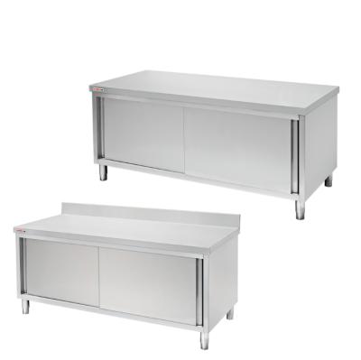 China Customized Commercial Modern Stainless Steel Kitchen Prep Work Table With Backsplash Metalwork Bench Cabinet With Sliding Doors for sale