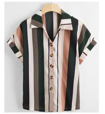 China Color Striped Anti-pilling Buttoned Fold Over Sleeve Short Sleeve Ladies Casual Shirts For Women for sale