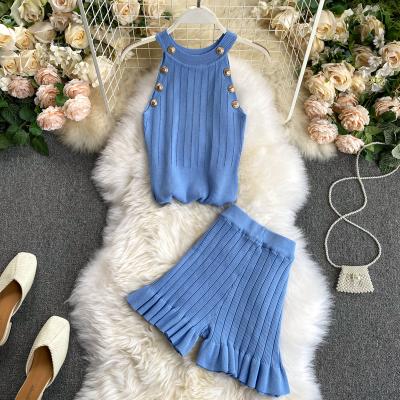 China 2020 New Suit 2020 New Breathable Knitted Female Intriguing Hanging Straps Vest High-waisted Soft Two-piece Short Pants Set for sale