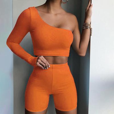 China Street Fashion Female One Shoulder Slim Shorts Casual Two Piece Set Solid Anti-pilling Stretch Biker Fitness Tracksuit Set For Women for sale