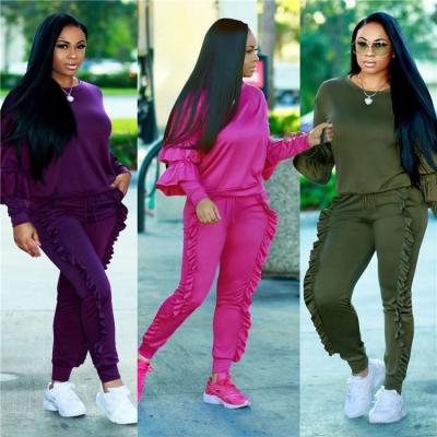 China 2020 Breathable Women Spring Clothing Jogger Set Solid Color Plus Size Ruffles Women Clothing Pants Two Piece Set for sale