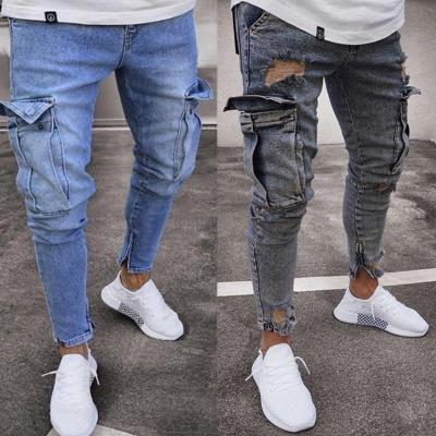 China Euramerican Style Sustainable Men Fashion Ripped Zipper Ripped Slim Fit Jeans Trousers Pants for sale