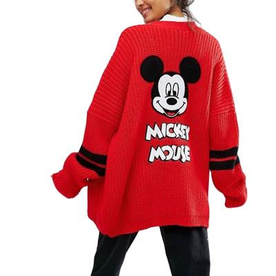 China mickey factory long fashion custom red cardigan jacquard knit parride custom loose cardigan sweater knit mickey women cardigan for sale