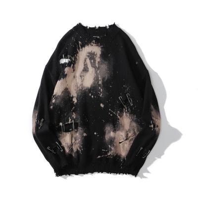 China Custom Gothic Oversized Sweaters Tie Dye Anti-Wrinkle Crewneck Unisex Sweater Ripped Pin Distressed Sweater Knit Bleached Sweater for sale