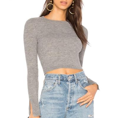 China Anti-wrinkle Gray Rib Slim Sweaters Women Tops Fashion Long Sleeve Crewneck Pullover Crop Top Sweaters for sale