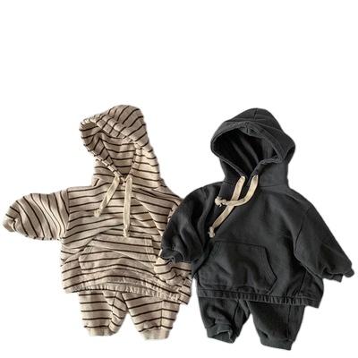 China Autumn new casual high quality pure cotton hoodie set boys and girls unisex stripe casual two-piece sets for sale