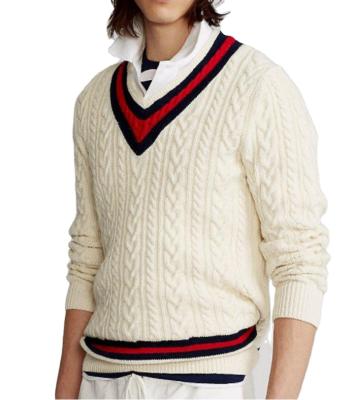 China custom varsity sweater men's anti-wrinkle sweater making wool sweater cable knit v neck cricket sweater for sale