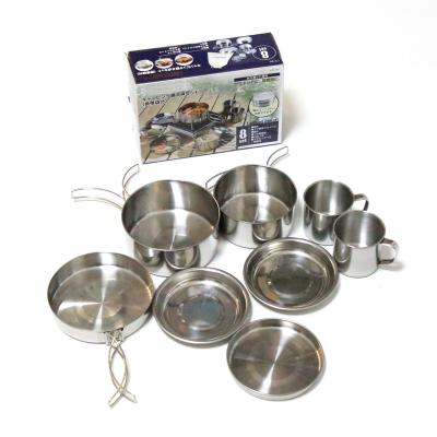 China Stainless Steel Camping Cooking Pan Set 8 Piece Picnic Bowl Pot Set Outdoor Small Cookware Set for sale