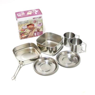 China Top Selling 6pcs Stainless Steel Raising Picnic Cooking Utensil Set Pan Set Camping Cookware Pot Set for sale