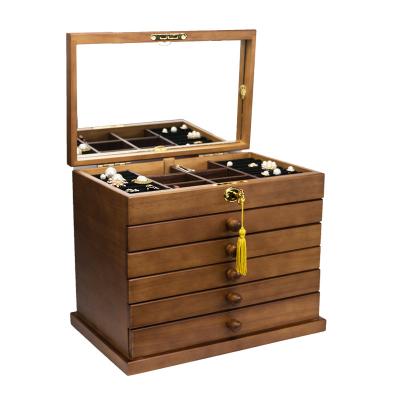 China Multi-storey Wooden Solid Wooden Jewelry Box With Lock Antique Chinese Wind Retro Princess European Jewelry Storage Wooden Box for sale