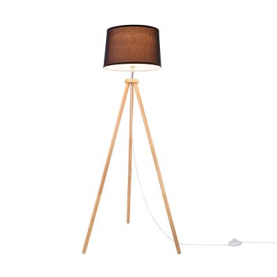 China Modern Tripod Floor Lamp Wooden E27 150cm Lamp Base Max.60W Holding Light Hand Foot Control Black Fabric Shade Bedroom Office Studio for sale