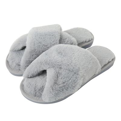 China Fashion Trend Cross Soft Plush Summer Spring Band Hairy Comfortable Open Toe Home Slippers For Women for sale