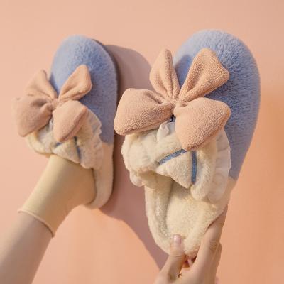 China 2021 Fashion Trend New Winter Bowknot Woolen Slippers Cotton Warm Home Indoor Slippers for sale