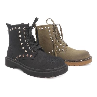 China Fashion Design Round Ankle Rivet PU Lace Up Chunky Heel Fashion Boots For Women for sale