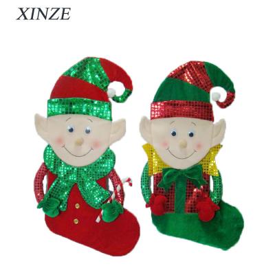 China Christamas home decoration shinning red and green christmas plush elf sequin stocking for sale