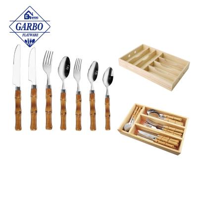 China 24pc Stainless Steel Sustainable Luxury Cutlery Custom Handle Design Plastic Bamboo Cutlery Set and Wooden Tray with Compartment for South America for sale