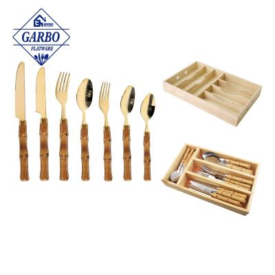 China Viable Pattern Handle Stainless Steel Bamboo Cutlery Set Wooden Tray Packaging With Compartments Kitchen Spoon Knife Custom Cutlery for sale