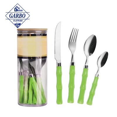 China Fashion Middle East Market Viable Wholesale Cutlery Set 24 Pcs Bamboo Design Plastic Handles With Plastic Box Packing To Wedding Service for sale