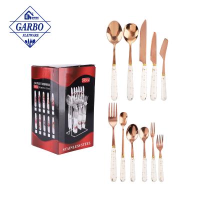 China Viable Custom Cutlery Set With Porcelain Handle Rose Gold Polished Stainless Steel Flatware With Ceramic Handle Gift Box Packaging for sale