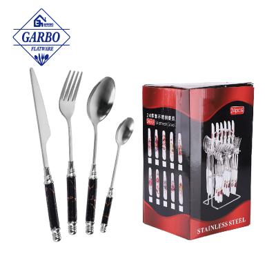 China Viable 25pcs Cutlery Set Ceramic Handle Cutlery Set Stainless Steel 24pcs Gold Color Spoon Fork Knife With Box For Gift And Metal Holder for sale