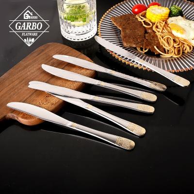 China Viable Old Mediterranean Silverware Fashion Dinner Knife 18/10 Stainless Steel Steak Knife Gold Decal Table Knife Set Gift Box for sale