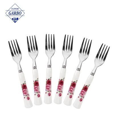 China Nordic Reusable Disposable Cutlery Stainless Steel Fruit Dessert Fork Spoon Set Gold Flatware Decorative Spoon Set With Ceramic Printing Handles for sale