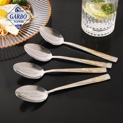 China High Sustainable Shinny 201 Polish Stainless Steel Spoon Set Eco Friendly Home Kitchen 16 Pcs Dinner Spoon With Gold Plating Handle Metal for sale